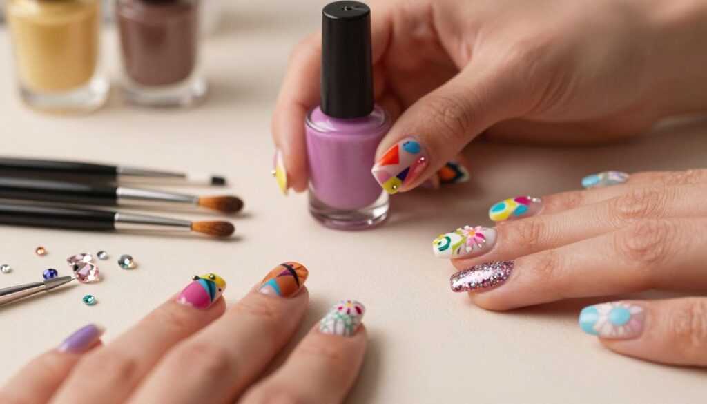 A beautifully arranged composition showcasing creative nail art designs, featuring a variety of colorful and intricate nail decorations. In the foreground, focus on close-up nails adorned with various embellishments like geometric patterns, floral accents, and shimmering glitter. The middle section reveals a stylish hand holding a nail polish bottle, demonstrating a trendy nail color, while elegant tools such as brushes and rhinestones scatter nearby. The background should be softly blurred to create a cozy and artistic atmosphere, with warm lighting casting gentle shadows, emphasizing the textures of the nails. The overall mood is vibrant and playful, reflecting the latest trends in nail fashion, ideal for inspiring readers about modern nail styling techniques. A beautifully arranged composition showcasing creative nail art designs, featuring a variety of colorful and intricate nail decorations. In the foreground, focus on close-up nails adorned with various embellishments like geometric patterns, floral accents, and shimmering glitter. The middle section reveals a stylish hand holding a nail polish bottle, demonstrating a trendy nail color, while elegant tools such as brushes and rhinestones scatter nearby. The background should be softly blurred to create a cozy and artistic atmosphere, with warm lighting casting gentle shadows, emphasizing the textures of the nails. The overall mood is vibrant and playful, reflecting the latest trends in nail fashion, ideal for inspiring readers about modern nail styling techniques.