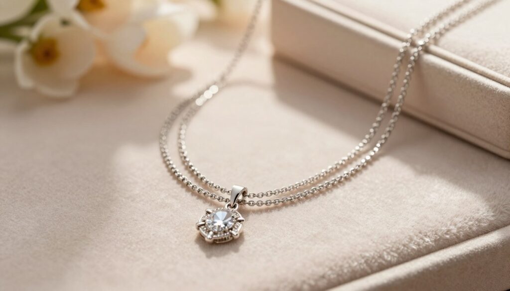 A beautifully arranged display featuring a triple-layered silver necklace, elegantly draped on a soft, velvety surface to highlight its intricate designs and reflections. In the foreground, focus on the shimmering pendant details, catching soft light that accentuates their brilliance. The middle ground showcases the full length of the layered necklace, with gentle shadows creating depth. In the background, softly blurred floral elements or a tasteful jewelry box enhance the luxurious atmosphere without distraction. The lighting is warm and inviting, evoking a sense of care and elegance, while ensuring the overall composition remains sleek and polished. Aim for an enchanting, sophisticated mood that emphasizes the importance of caring for silver jewelry.