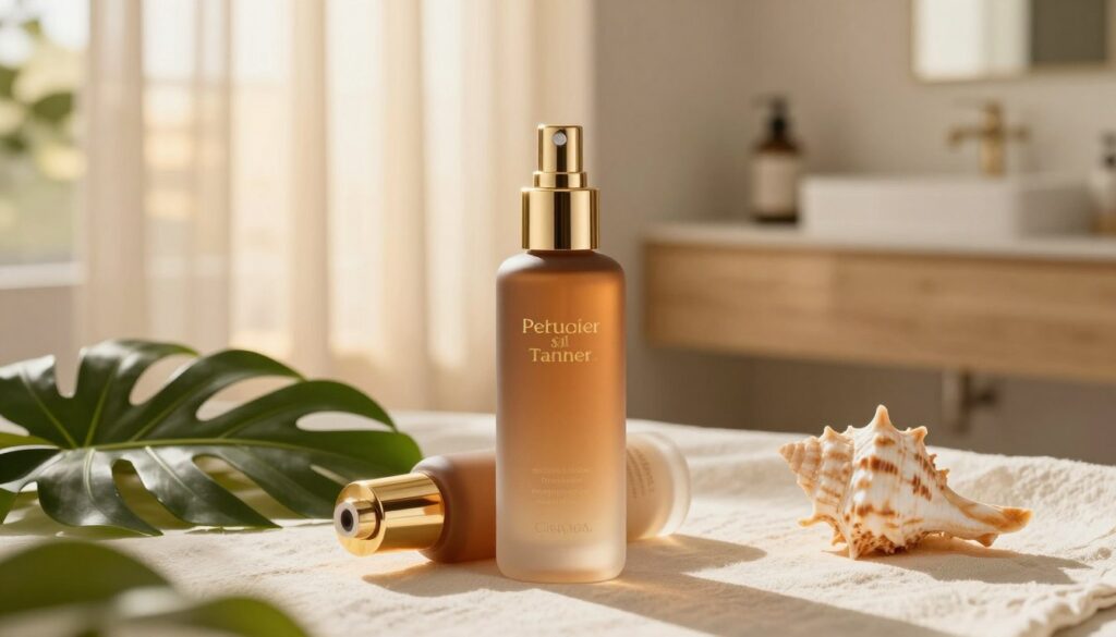 A beautifully arranged display of a bronzing self-tanner product, showcasing its sleek, elegant packaging in the foreground. The bottle is made of frosted glass with a gold cap, lying on a light, textured fabric backdrop. To the sides, there are fresh, tropical leaves and an elegant seashell to suggest a natural vibe. In the middle ground, a soft-focus blur of warm sunlight filters delicately through gauzy curtains, creating a golden hour effect that enhances the inviting ambiance. The background features a softly lit bathroom setting, with light wood accents and minimalist decor, evoking a serene atmosphere. The scene conveys a sense of luxury and relaxation, emphasizing the theme of achieving a flawless tan.