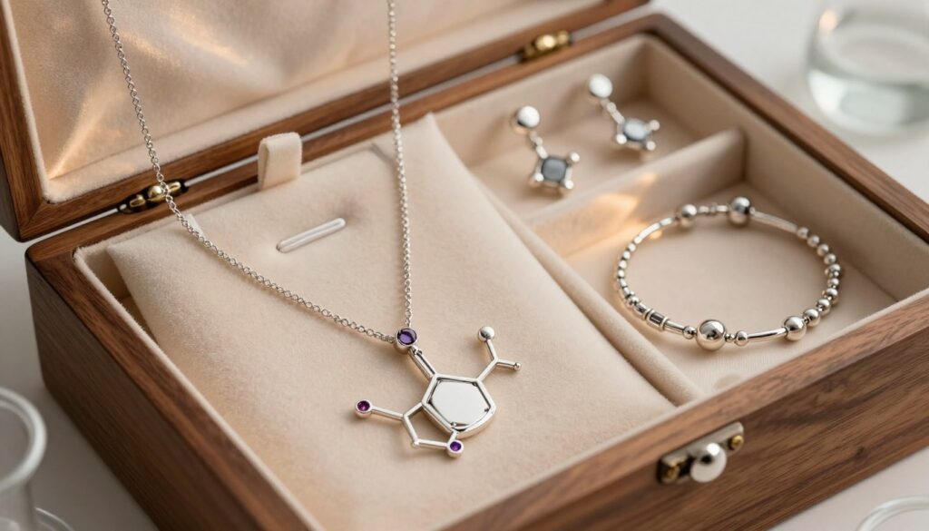 A beautifully arranged display of elegant chemistry-themed jewelry, featuring a chemical structure necklace at the forefront, crafted from silver and adorned with subtle gemstones. The background showcases an open wooden box with various chemistry-inspired gifts, such as molecule-shaped earrings and bracelets, nestled within soft, satin fabric. Delicate lighting creates a warm glow, highlighting the reflective surfaces of the jewelry. The atmosphere is sophisticated yet inviting, suggesting a perfect blend of science and elegance. Shooting from a slightly elevated angle, with a shallow depth of field to focus on the jewelry while softly blurring the background, enhances the sense of luxury and thoughtfulness in gift-giving for science lovers. A beautifully arranged display of elegant chemistry-themed jewelry, featuring a chemical structure necklace at the forefront, crafted from silver and adorned with subtle gemstones. The background showcases an open wooden box with various chemistry-inspired gifts, such as molecule-shaped earrings and bracelets, nestled within soft, satin fabric. Delicate lighting creates a warm glow, highlighting the reflective surfaces of the jewelry. The atmosphere is sophisticated yet inviting, suggesting a perfect blend of science and elegance. Shooting from a slightly elevated angle, with a shallow depth of field to focus on the jewelry while softly blurring the background, enhances the sense of luxury and thoughtfulness in gift-giving for science lovers.