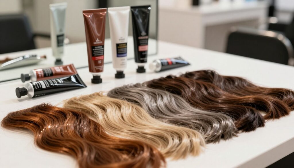 A beautifully arranged display of hair color swatches, showcasing various shades and reflections under soft, natural lighting. The foreground features a variety of hair strands in different colors, each strand highlighting subtle undertones and reflections, such as warm auburn, cool ash blonde, and deep chocolate brown. In the middle ground, elegant hair dye tubes are artistically scattered, emphasizing the range of shades with their glossy finishes. The background is softly blurred, depicting a stylish salon setting with minimalist decor to enhance the focus on the hair colors. The mood is inviting and educational, suggesting a professional atmosphere where one can learn about choosing the perfect hair color. The lighting creates a sense of warmth and approachability, ideal for an informative article about hair color selection.