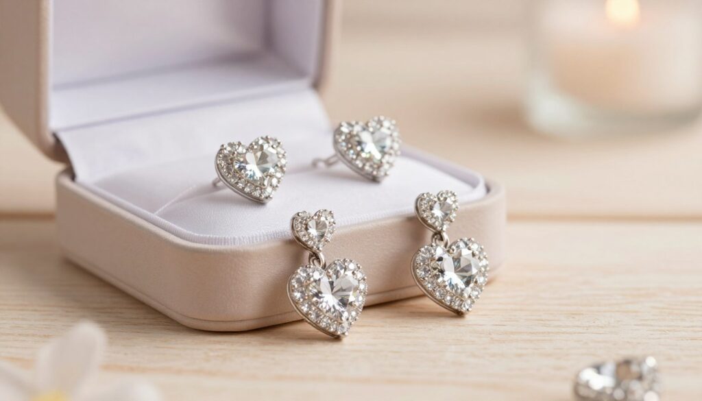 A beautifully arranged display of heart-shaped earrings adorned with sparkling zirconia stones, glistening elegantly under soft, diffused lighting. In the foreground, focus on the intricately designed earrings with their brilliant facets catching the light, showcasing the romantic allure and delicate craftsmanship. The middle layer features a stylish, minimalistic jewelry box partially open, revealing a luxurious satin lining that enhances the earrings' shine. In the background, a softly blurred, warm-toned setting suggests a cozy and inviting atmosphere, possibly a softly lit room or a delicate wooden table. The overall mood is romantic and serene, perfect for a presentation on jewelry care, evoking a sense of elegance and timeless beauty. Capture this scene with a shallow depth of field to highlight the earrings and create a dreamy, enchanting effect.