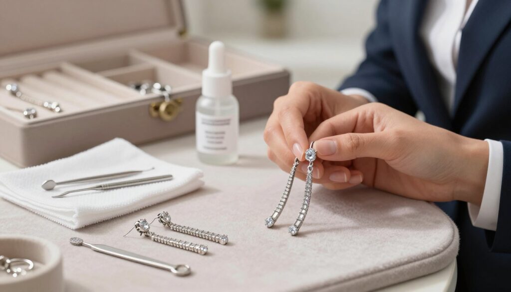 A beautifully arranged display of long, shiny earrings made from sterling silver and adorned with sparkling gemstones, featuring intricate designs that catch the light. In the foreground, a pair of these earrings is elegantly showcased on a soft velvet surface, with a professional business attire model gently handling them, demonstrating care and attentiveness. In the middle ground, a selection of jewelry cleaning tools, such as a microfiber cloth and a gentle cleaner, complements the scene. The background is softly blurred, displaying a well-organized jewelry box filled with various accessories. Soft, diffused lighting creates a warm and inviting atmosphere, highlighting the earrings' brilliance and the importance of jewelry maintenance for longevity. A beautifully arranged display of long, shiny earrings made from sterling silver and adorned with sparkling gemstones, featuring intricate designs that catch the light. In the foreground, a pair of these earrings is elegantly showcased on a soft velvet surface, with a professional business attire model gently handling them, demonstrating care and attentiveness. In the middle ground, a selection of jewelry cleaning tools, such as a microfiber cloth and a gentle cleaner, complements the scene. The background is softly blurred, displaying a well-organized jewelry box filled with various accessories. Soft, diffused lighting creates a warm and inviting atmosphere, highlighting the earrings' brilliance and the importance of jewelry maintenance for longevity.