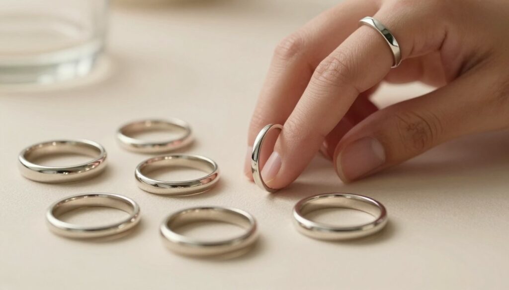 A beautifully arranged display of stacked surgical steel rings, showcasing a variety of elegant designs. In the foreground, the rings glisten with soft reflections under warm, diffused lighting, highlighting their polished finish. The middle ground features a delicate hand adorned with the stacked rings, presenting a casual yet stylish aesthetic. The background is softly blurred, creating a serene, minimalistic atmosphere that enhances the focus on the jewelry. The scene captures a sophisticated blend of modern trends and timeless elegance, inviting viewers to appreciate the artistry and versatility of stacked rings as a fashionable accent to simple outfits. A beautifully arranged display of stacked surgical steel rings, showcasing a variety of elegant designs. In the foreground, the rings glisten with soft reflections under warm, diffused lighting, highlighting their polished finish. The middle ground features a delicate hand adorned with the stacked rings, presenting a casual yet stylish aesthetic. The background is softly blurred, creating a serene, minimalistic atmosphere that enhances the focus on the jewelry. The scene captures a sophisticated blend of modern trends and timeless elegance, inviting viewers to appreciate the artistry and versatility of stacked rings as a fashionable accent to simple outfits.