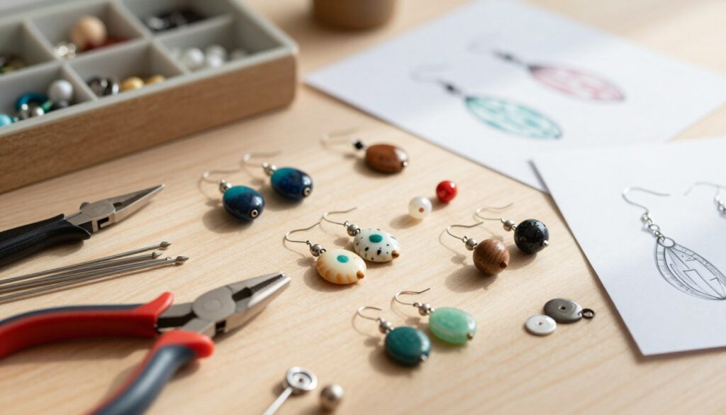 A beautifully arranged flat lay of essential tools and materials for creating handmade earrings, emphasizing vibrant beads in various shapes and colors, including wooden, glass, and ceramic beads. Include jewelry pliers, wire, and findings neatly organized in a small tray. The foreground focuses sharply on these materials, while a soft-focus background features a wooden working surface and some scattered sketches of earring designs. Natural light illuminates the scene, casting gentle shadows for depth, creating a warm and inviting crafting atmosphere. The overall mood is creative and inspiring, encouraging artisanal creativity in jewelry-making. A beautifully arranged flat lay of essential tools and materials for creating handmade earrings, emphasizing vibrant beads in various shapes and colors, including wooden, glass, and ceramic beads. Include jewelry pliers, wire, and findings neatly organized in a small tray. The foreground focuses sharply on these materials, while a soft-focus background features a wooden working surface and some scattered sketches of earring designs. Natural light illuminates the scene, casting gentle shadows for depth, creating a warm and inviting crafting atmosphere. The overall mood is creative and inspiring, encouraging artisanal creativity in jewelry-making.