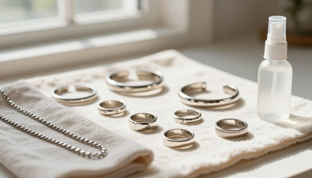 A beautifully arranged flat lay of stainless steel jewelry care items, showcasing a variety of elegant rings, bracelets, and necklaces made from surgical steel. The foreground features a soft, plush cloth used for cleaning, alongside a gentle cleaning solution in a small spray bottle. In the middle, display the gleaming jewelry pieces, catching the light and reflecting their luster. The background is softly blurred, hinting at a serene and tidy workspace, with natural light streaming through a nearby window, creating a warm and inviting atmosphere. The overall composition conveys a sense of care and sophistication, ideal for illustrating the importance of maintaining the durability of stainless steel jewelry. A beautifully arranged flat lay of stainless steel jewelry care items, showcasing a variety of elegant rings, bracelets, and necklaces made from surgical steel. The foreground features a soft, plush cloth used for cleaning, alongside a gentle cleaning solution in a small spray bottle. In the middle, display the gleaming jewelry pieces, catching the light and reflecting their luster. The background is softly blurred, hinting at a serene and tidy workspace, with natural light streaming through a nearby window, creating a warm and inviting atmosphere. The overall composition conveys a sense of care and sophistication, ideal for illustrating the importance of maintaining the durability of stainless steel jewelry.