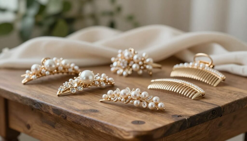 A beautifully arranged floral display featuring elegant hair accessories, such as pearl hairpins and decorative clips, meticulously placed on a rustic wooden table. In the foreground, focus on a delicate pearl hairpin sparkling in soft natural light, showcasing its intricate design and detailing. The middle ground features additional hair adornments, including an assortment of jeweled clips and elegant combs, all set against a cozy backdrop of blurred greenery and soft fabric drapery, creating a serene atmosphere. The overall mood is romantic and inviting, perfect for emphasizing care for jewelry hair accessories. Soft, diffused lighting enhances the textures of the pearls and metals, lending a dreamy quality to the image. A beautifully arranged floral display featuring elegant hair accessories, such as pearl hairpins and decorative clips, meticulously placed on a rustic wooden table. In the foreground, focus on a delicate pearl hairpin sparkling in soft natural light, showcasing its intricate design and detailing. The middle ground features additional hair adornments, including an assortment of jeweled clips and elegant combs, all set against a cozy backdrop of blurred greenery and soft fabric drapery, creating a serene atmosphere. The overall mood is romantic and inviting, perfect for emphasizing care for jewelry hair accessories. Soft, diffused lighting enhances the textures of the pearls and metals, lending a dreamy quality to the image.