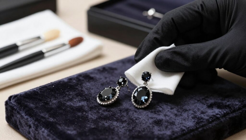 A beautifully arranged scene focused on a pair of elegant black zirconia earrings, showcasing their sparkling facets and intricate design. In the foreground, the earrings are displayed on a plush velvet cloth, reflecting soft, warm lighting that enhances their luster. In the middle ground, a pair of gloved hands gently cleans the earrings with a soft cloth, symbolizing proper care. The background features out-of-focus jewelry tools like a polishing cloth, a small brush, and a jewelry box, creating a sense of an organized workspace. The atmosphere is serene and sophisticated, evoking a sense of luxury and attention to detail. The color palette is rich, with deep blacks and shimmering whites, highlighting the elegance of the jewelry. A beautifully arranged scene focused on a pair of elegant black zirconia earrings, showcasing their sparkling facets and intricate design. In the foreground, the earrings are displayed on a plush velvet cloth, reflecting soft, warm lighting that enhances their luster. In the middle ground, a pair of gloved hands gently cleans the earrings with a soft cloth, symbolizing proper care. The background features out-of-focus jewelry tools like a polishing cloth, a small brush, and a jewelry box, creating a sense of an organized workspace. The atmosphere is serene and sophisticated, evoking a sense of luxury and attention to detail. The color palette is rich, with deep blacks and shimmering whites, highlighting the elegance of the jewelry.