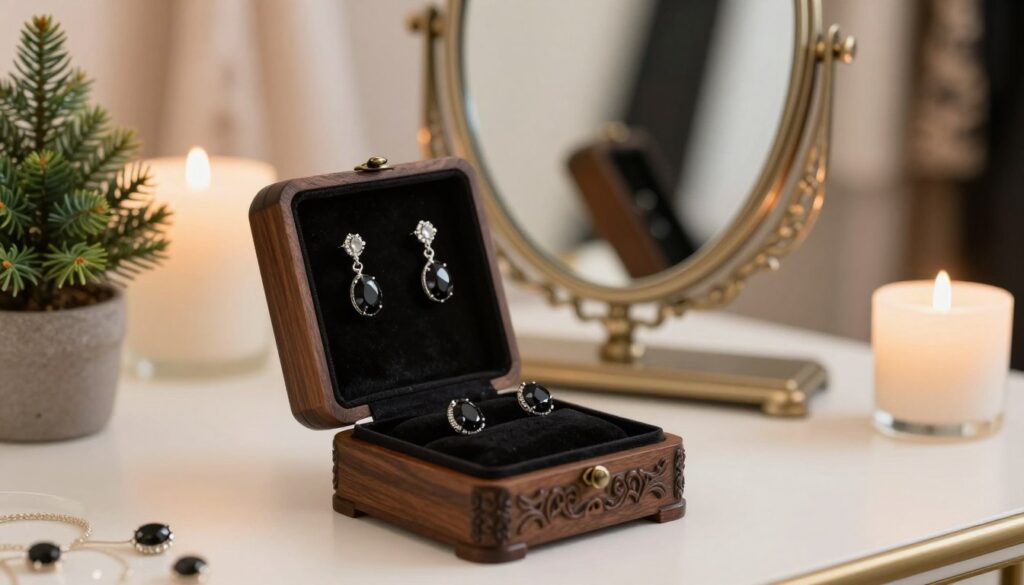 A beautifully arranged scene showcasing elegant black zirconia earrings being stored securely. In the foreground, a delicate jewelry box made of dark wood with intricate carvings, slightly open to reveal the sparkling earrings nestled safely inside soft black velvet. The middle ground features a softly lit display; an elegant mirror reflecting the jewelry box, surrounded by subtle decorative elements like a small potted evergreen and a candle for ambiance. The background is a soft-focus, hinting at a designer dressing area with hints of luxurious fabrics and soft lighting, creating a warm, intimate atmosphere. Emphasize the elegance and sophistication of jewelry storage while maintaining a clean and organized look. The lighting is warm and inviting, with a shallow depth of field allowing the earrings to be the focal point of the image. A beautifully arranged scene showcasing elegant black zirconia earrings being stored securely. In the foreground, a delicate jewelry box made of dark wood with intricate carvings, slightly open to reveal the sparkling earrings nestled safely inside soft black velvet. The middle ground features a softly lit display; an elegant mirror reflecting the jewelry box, surrounded by subtle decorative elements like a small potted evergreen and a candle for ambiance. The background is a soft-focus, hinting at a designer dressing area with hints of luxurious fabrics and soft lighting, creating a warm, intimate atmosphere. Emphasize the elegance and sophistication of jewelry storage while maintaining a clean and organized look. The lighting is warm and inviting, with a shallow depth of field allowing the earrings to be the focal point of the image.