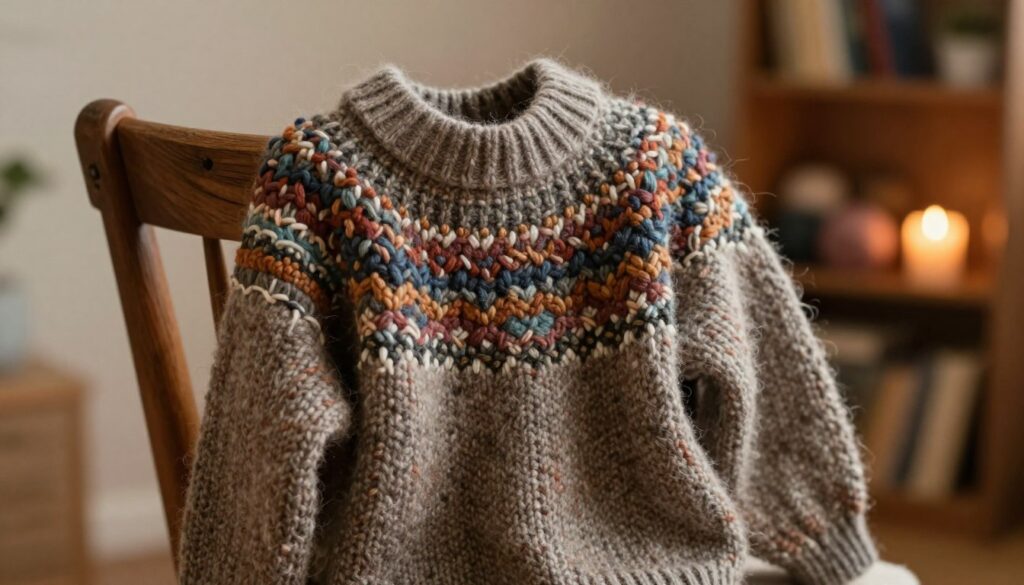A beautifully crafted, felted wool sweater, showing intricate textures and patterns, elegantly draped over a rustic wooden chair. The foreground features detailed stitches and a rich palette of earthy colors, emphasizing its warmth and coziness. In the middle ground, a soft, blurred background showcases a cozy room with warm ambient lighting, perhaps a flickering candle or a bookshelf filled with knitting supplies, creating an inviting atmosphere. The scene evokes a sense of creative repurposing, illustrating the idea of alternative uses for felted clothing. Capture this with a warm color tone, shallow depth of field, and a close-up angle to focus on the sweater's unique details and textures, inviting viewers to imagine the potential of upcycled textile creations. A beautifully crafted, felted wool sweater, showing intricate textures and patterns, elegantly draped over a rustic wooden chair. The foreground features detailed stitches and a rich palette of earthy colors, emphasizing its warmth and coziness. In the middle ground, a soft, blurred background showcases a cozy room with warm ambient lighting, perhaps a flickering candle or a bookshelf filled with knitting supplies, creating an inviting atmosphere. The scene evokes a sense of creative repurposing, illustrating the idea of alternative uses for felted clothing. Capture this with a warm color tone, shallow depth of field, and a close-up angle to focus on the sweater's unique details and textures, inviting viewers to imagine the potential of upcycled textile creations.