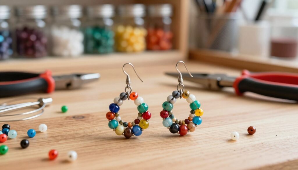 A beautifully crafted pair of beaded earrings, featuring an array of colorful beads strung together in an intricate design. The foreground showcases the earrings prominently, glistening under soft, natural lighting to highlight their vibrant hues and unique textures. In the middle, a wooden workspace with scattered tools like pliers, wires, and additional beads portrays the creative process of handmade jewelry making. The background subtly includes blurred shelves filled with organized jars of beads and crafting supplies, adding depth without distraction. The atmosphere is warm and inviting, inspiring creativity and craftsmanship. The composition is shot with a macro lens at a slight angle, emphasizing the details of the earrings while keeping the workspace in focus. A beautifully crafted pair of beaded earrings, featuring an array of colorful beads strung together in an intricate design. The foreground showcases the earrings prominently, glistening under soft, natural lighting to highlight their vibrant hues and unique textures. In the middle, a wooden workspace with scattered tools like pliers, wires, and additional beads portrays the creative process of handmade jewelry making. The background subtly includes blurred shelves filled with organized jars of beads and crafting supplies, adding depth without distraction. The atmosphere is warm and inviting, inspiring creativity and craftsmanship. The composition is shot with a macro lens at a slight angle, emphasizing the details of the earrings while keeping the workspace in focus.