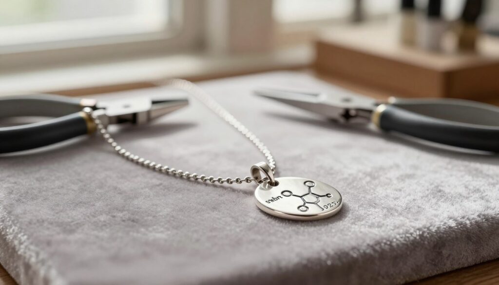 A beautifully crafted sterling silver necklace, marked with the hallmark "srebro 925," elegantly displayed on a soft velvet surface. The foreground showcases intricate chemical pattern designs intricately etched into the silver, reflecting light and showcasing the craftsmanship. In the middle ground, a subtle arrangement of delicate jewelry-making tools, such as pliers and files, hint at the artistry behind the piece. The background features a blurred workshop setting with warm, natural light streaming through a window, creating a cozy and inviting atmosphere. The overall mood is one of sophistication and craftsmanship, highlighting the importance of material choice in creating lasting jewelry. The image is captured using a soft focus lens to emphasize the necklace, with a gentle bokeh effect in the background, enhancing the elegance of the piece. A beautifully crafted sterling silver necklace, marked with the hallmark "srebro 925," elegantly displayed on a soft velvet surface. The foreground showcases intricate chemical pattern designs intricately etched into the silver, reflecting light and showcasing the craftsmanship. In the middle ground, a subtle arrangement of delicate jewelry-making tools, such as pliers and files, hint at the artistry behind the piece. The background features a blurred workshop setting with warm, natural light streaming through a window, creating a cozy and inviting atmosphere. The overall mood is one of sophistication and craftsmanship, highlighting the importance of material choice in creating lasting jewelry. The image is captured using a soft focus lens to emphasize the necklace, with a gentle bokeh effect in the background, enhancing the elegance of the piece.