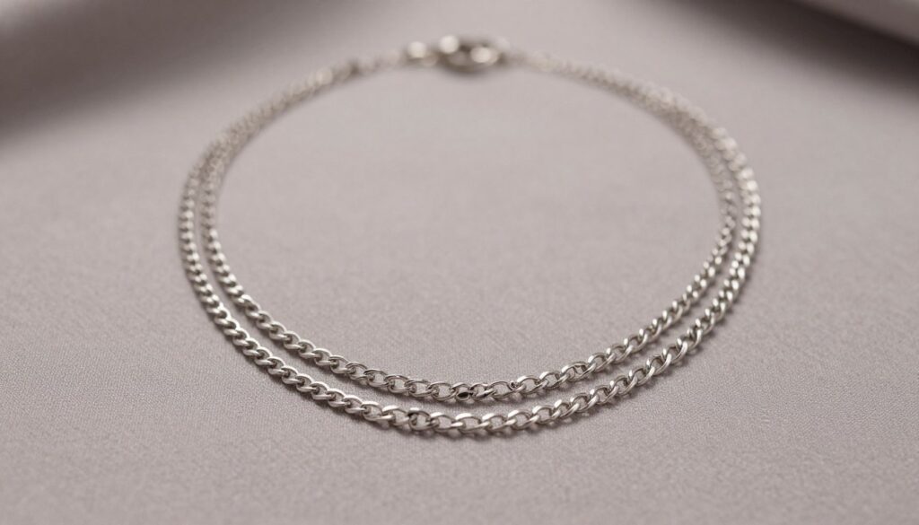 A beautifully crafted triple-layer silver necklace elegantly displayed on a soft, textured fabric background. The foreground features the intricate details of the necklace, showcasing its shimmering silver finish and delicate chain links, emphasizing the craftsmanship of each layer. Subtle reflections highlight the jewelry's polished surface. In the middle, a softly blurred view shows the entire necklace draping gracefully, allowing the viewer to appreciate its layered design while creating a sense of depth. The background is a muted, neutral color to draw focus to the necklace, with soft, diffused lighting enhancing the overall elegance. The mood is sophisticated and refined, perfect for showcasing the precision and technical excellence of high-quality jewelry design.