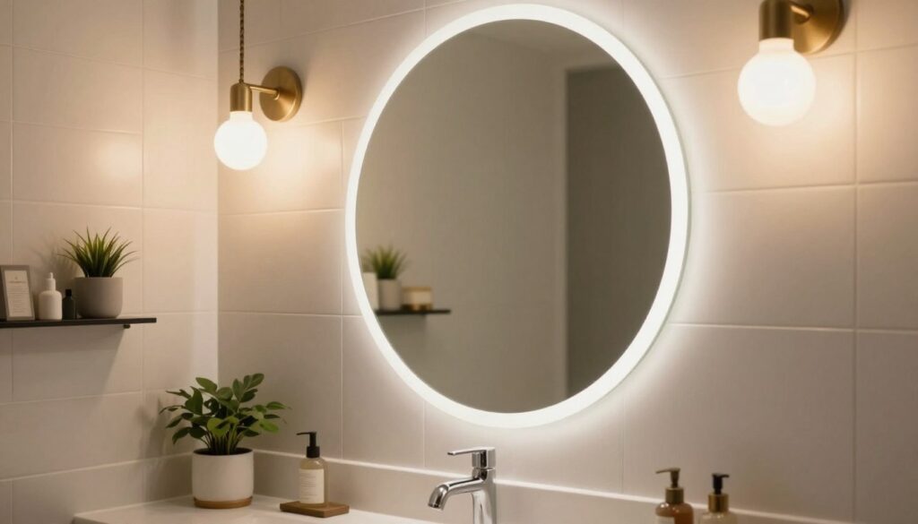 A beautifully designed bathroom featuring a round mirror illuminated by elegant lighting fixtures positioned above it. The foreground showcases the round mirror reflecting soft light, highlighting the intricate details of the vanity below. In the middle ground, modern lighting fixtures with warm, diffused bulbs cast a graceful glow, enhancing the mirror’s reflection. The background consists of stylish bathroom tiles with a neutral palette, complemented by tasteful decorations like plants or small art pieces. The scene is bathed in a serene, inviting atmosphere, evoking a sense of luxury and relaxation. The lighting should appear natural and soft, creating a comforting environment suitable for grooming. The image captures the essential elements of circular mirror lighting, emphasizing its classic and timeless appeal. A beautifully designed bathroom featuring a round mirror illuminated by elegant lighting fixtures positioned above it. The foreground showcases the round mirror reflecting soft light, highlighting the intricate details of the vanity below. In the middle ground, modern lighting fixtures with warm, diffused bulbs cast a graceful glow, enhancing the mirror’s reflection. The background consists of stylish bathroom tiles with a neutral palette, complemented by tasteful decorations like plants or small art pieces. The scene is bathed in a serene, inviting atmosphere, evoking a sense of luxury and relaxation. The lighting should appear natural and soft, creating a comforting environment suitable for grooming. The image captures the essential elements of circular mirror lighting, emphasizing its classic and timeless appeal.