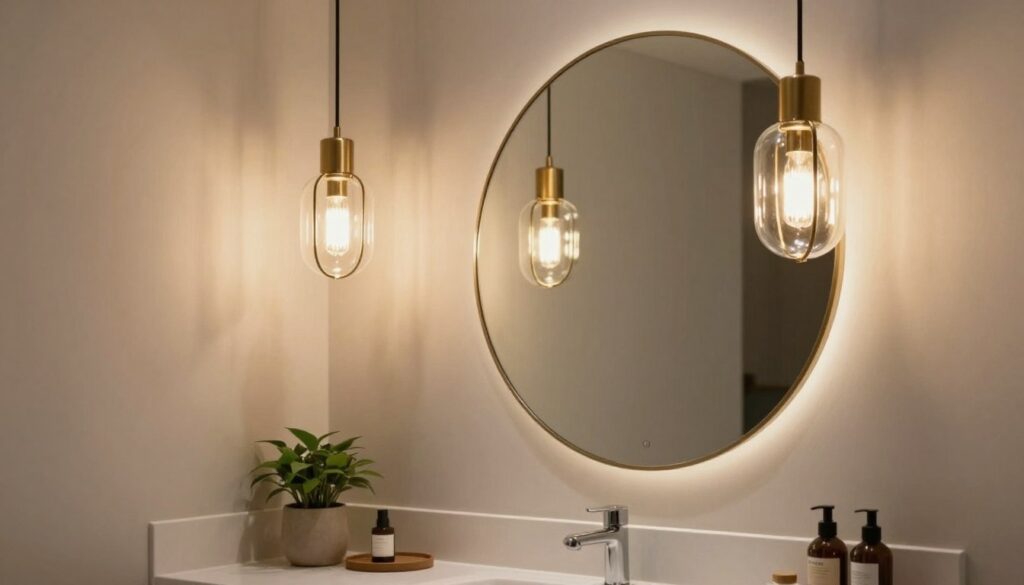 A beautifully designed bathroom featuring elegant hanging designer lamps positioned above a round mirror. The scene captures soft, warm illumination reflecting off the mirror, creating a cozy and inviting atmosphere. The lamps exhibit modern aesthetics with intricate details, showcasing a blend of metal and glass elements. In the foreground, the round mirror frames the reflection of the stylish vanity beneath it, adorned with minimalistic decor. The middle background includes hints of carefully chosen bathroom accessories, such as potted plants and neatly arranged toiletries. The overall composition conveys a sense of sophistication and tranquility, perfect for a relaxing space. The lighting is soft, with a gentle glow emphasizing the luxurious feel of the environment. A beautifully designed bathroom featuring elegant hanging designer lamps positioned above a round mirror. The scene captures soft, warm illumination reflecting off the mirror, creating a cozy and inviting atmosphere. The lamps exhibit modern aesthetics with intricate details, showcasing a blend of metal and glass elements. In the foreground, the round mirror frames the reflection of the stylish vanity beneath it, adorned with minimalistic decor. The middle background includes hints of carefully chosen bathroom accessories, such as potted plants and neatly arranged toiletries. The overall composition conveys a sense of sophistication and tranquility, perfect for a relaxing space. The lighting is soft, with a gentle glow emphasizing the luxurious feel of the environment.