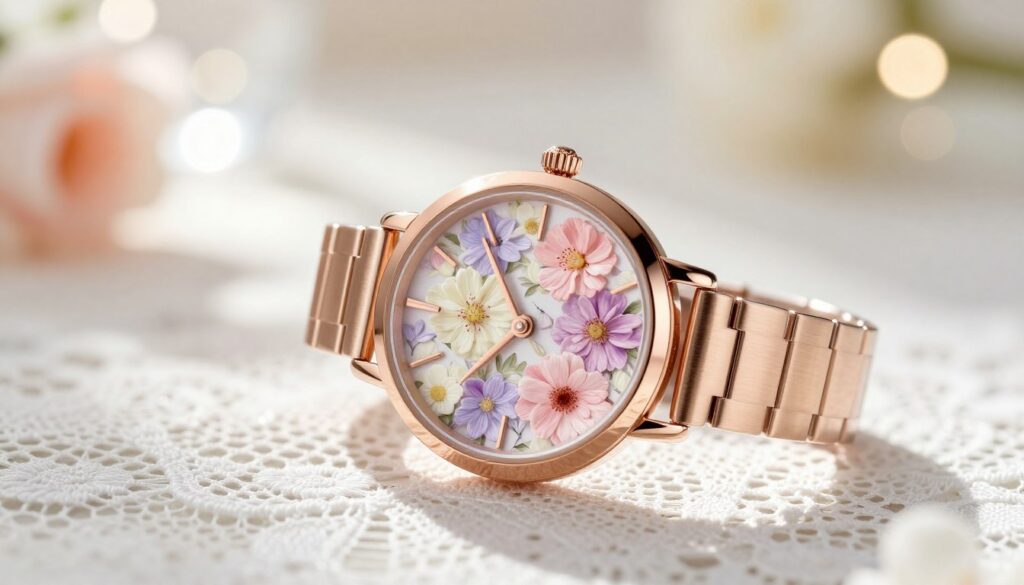 A beautifully designed women's watch with a floral dial, showcasing delicate flowers in soft pastel colors like pink, lavender, and cream, intricately arranged to create an elegant pattern. The watch features a slim rose gold or silver case, reflecting a blend of sophistication and charm. In the foreground, the watch is resting on a textured white lace fabric, highlighting its romantic essence. The background is softly blurred, filled with gentle bokeh lights that create a dreamy atmosphere, suggesting a sunlit room. The lighting is warm and inviting, casting subtle reflections on the watch face. This composition evokes a sense of luxury, care, and attention to detail that embodies masterful watchmaking. A beautifully designed women's watch with a floral dial, showcasing delicate flowers in soft pastel colors like pink, lavender, and cream, intricately arranged to create an elegant pattern. The watch features a slim rose gold or silver case, reflecting a blend of sophistication and charm. In the foreground, the watch is resting on a textured white lace fabric, highlighting its romantic essence. The background is softly blurred, filled with gentle bokeh lights that create a dreamy atmosphere, suggesting a sunlit room. The lighting is warm and inviting, casting subtle reflections on the watch face. This composition evokes a sense of luxury, care, and attention to detail that embodies masterful watchmaking.