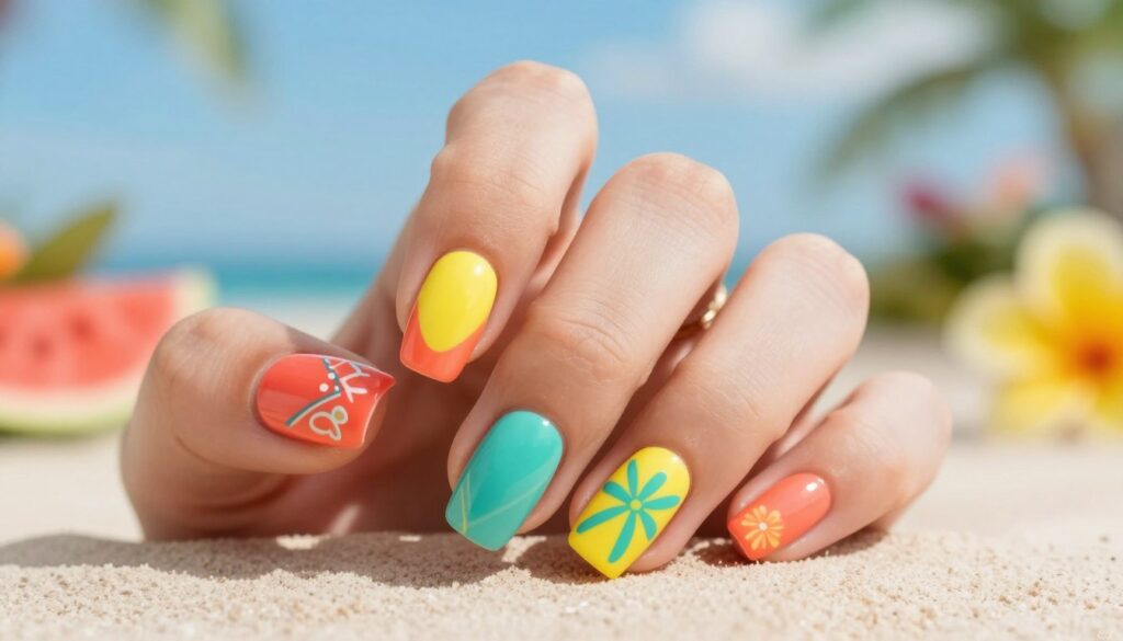 A beautifully manicured hand adorned with a vibrant summer nail design featuring energizing colors like coral, turquoise, and sunny yellow. The nails are decorated with playful patterns, such as geometric shapes and floral accents, showcasing the creativity of summer styles. The hand is positioned gracefully on a textured, light-colored surface, emphasizing the colors. Soft, diffused lighting creates a warm, inviting atmosphere, enhancing the vivacity of the nail art. In the background, a blurred summer scene with hints of a bright blue sky and colorful flowers adds to the seasonal vibe. The composition captures the essence of fun and freshness, perfect for showcasing summer manicure trends. A beautifully manicured hand adorned with a vibrant summer nail design featuring energizing colors like coral, turquoise, and sunny yellow. The nails are decorated with playful patterns, such as geometric shapes and floral accents, showcasing the creativity of summer styles. The hand is positioned gracefully on a textured, light-colored surface, emphasizing the colors. Soft, diffused lighting creates a warm, inviting atmosphere, enhancing the vivacity of the nail art. In the background, a blurred summer scene with hints of a bright blue sky and colorful flowers adds to the seasonal vibe. The composition captures the essence of fun and freshness, perfect for showcasing summer manicure trends.