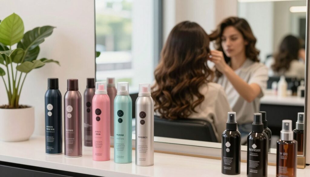 A beautifully organized hair styling station showcasing various hair products tailored for different hair types. In the foreground, display vibrant bottles of hairspray labeled for curly, fine, and thick hair types, with elegant, sleek designs. The middle ground features a model with immaculate hair, dressed in professional casual clothing, applying the right hairspray while looking into a mirror. The background is softly blurred, hinting at a well-lit salon with soft, natural daylight streaming through large windows, enhancing the warm, inviting atmosphere. Incorporate lush green plants to add a fresh touch, and highlight the diversity of hair textures and styles in the setting, emphasizing the theme of personalized product matching.
