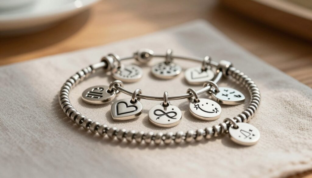 A close-up, artistic image of a collection of stainless steel charms, each with unique symbols representing personal meaning, such as hearts, infinity signs, and celestial motifs. The foreground focuses on a beautifully crafted charm bracelet, draped elegantly on a soft, textured fabric surface. In the middle, the charms are arranged attractively, catching the light to highlight their detailed engravings. The background features a softly blurred wooden table, giving a sense of warmth and tranquility. Natural lighting filters down, casting gentle shadows that add depth and dimension. The overall mood is one of elegance and introspection, celebrating the significance of these charms in personal expression. A close-up, artistic image of a collection of stainless steel charms, each with unique symbols representing personal meaning, such as hearts, infinity signs, and celestial motifs. The foreground focuses on a beautifully crafted charm bracelet, draped elegantly on a soft, textured fabric surface. In the middle, the charms are arranged attractively, catching the light to highlight their detailed engravings. The background features a softly blurred wooden table, giving a sense of warmth and tranquility. Natural lighting filters down, casting gentle shadows that add depth and dimension. The overall mood is one of elegance and introspection, celebrating the significance of these charms in personal expression.
