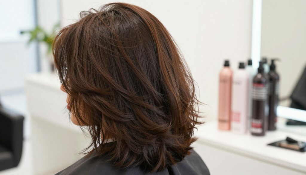 A close-up composition showcasing voluminous hair at the roots, emphasizing the texture and fullness. The foreground features a model with elegantly styled hair having a lifted, bouncy look, dressed in a smart casual outfit, reflecting a professional yet approachable aesthetic. In the middle, a soft-focus array of hairstyling products, such as volumizing sprays and mousses, is artfully arranged, hinting at their effectiveness without clutter. The background is a softly blurred bright salon interior bathed in natural light, creating an inviting and fresh atmosphere. The overall mood is uplifting and encouraging, aiming to convey the idea of achieving healthy volume without weighing hair down or causing dryness, all captured from a slightly elevated angle to highlight the hair’s movement and bounce. A close-up composition showcasing voluminous hair at the roots, emphasizing the texture and fullness. The foreground features a model with elegantly styled hair having a lifted, bouncy look, dressed in a smart casual outfit, reflecting a professional yet approachable aesthetic. In the middle, a soft-focus array of hairstyling products, such as volumizing sprays and mousses, is artfully arranged, hinting at their effectiveness without clutter. The background is a softly blurred bright salon interior bathed in natural light, creating an inviting and fresh atmosphere. The overall mood is uplifting and encouraging, aiming to convey the idea of achieving healthy volume without weighing hair down or causing dryness, all captured from a slightly elevated angle to highlight the hair’s movement and bounce.