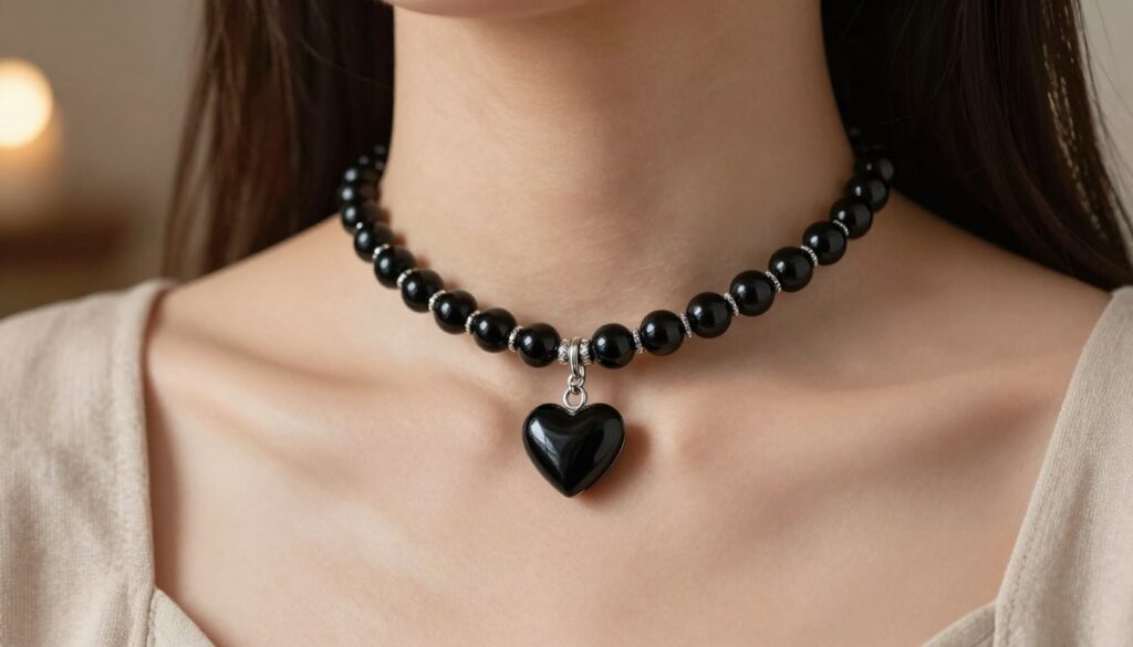 A close-up image of a beautifully designed onyx choker featuring a delicate heart pendant, resting elegantly on a soft, neutral-colored fabric. The foreground captures the intricate details of the choker, showcasing the smooth, glossy black onyx beads interspersed with sparkling silver accents, creating a romantic and sophisticated look. In the middle ground, a pair of stylish and modestly dressed female model’s shoulders is visible, adding context without overwhelming the jewelry. The background is softly blurred, hinting at a cozy, dimly lit room that enhances the intimate mood, with warm lighting casting gentle shadows. The composition should evoke a sense of elegance and charm, perfect for everyday and evening styles. A close-up image of a beautifully designed onyx choker featuring a delicate heart pendant, resting elegantly on a soft, neutral-colored fabric. The foreground captures the intricate details of the choker, showcasing the smooth, glossy black onyx beads interspersed with sparkling silver accents, creating a romantic and sophisticated look. In the middle ground, a pair of stylish and modestly dressed female model’s shoulders is visible, adding context without overwhelming the jewelry. The background is softly blurred, hinting at a cozy, dimly lit room that enhances the intimate mood, with warm lighting casting gentle shadows. The composition should evoke a sense of elegance and charm, perfect for everyday and evening styles.