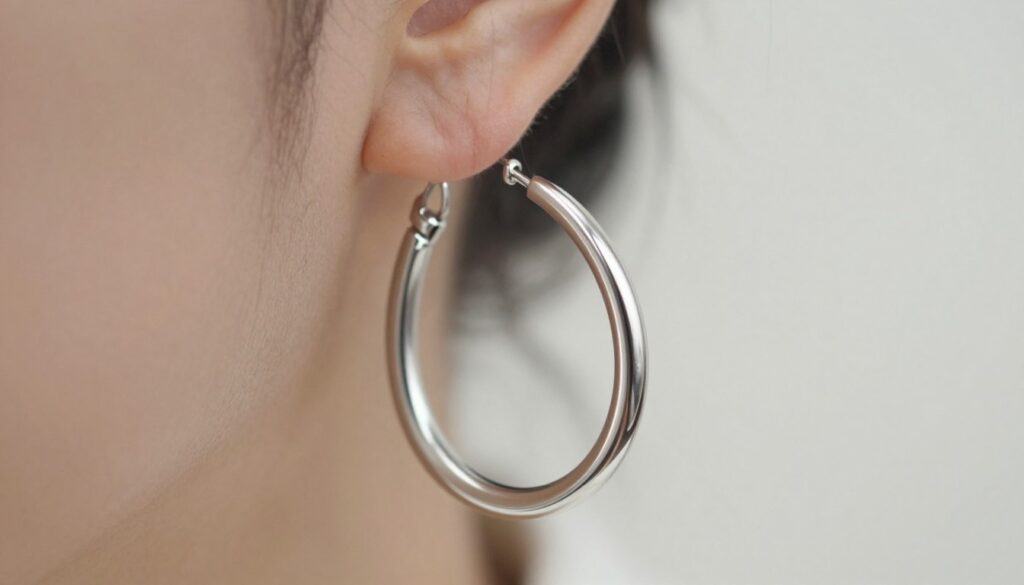 A close-up image of a clicker earring made from high-quality stainless steel, showcasing its sleek design and smooth surface. The earring is portrayed in the foreground, elegantly positioned to highlight its flexibility and craftsmanship. The background features a soft, blurred texture that complements the earring, enhancing its shiny finish. Natural light illuminates the scene, creating subtle reflections on the metal, while a shallow depth of field focuses attention on the earring's details, such as its clasp mechanism and seamless edges. The overall atmosphere is professional and polished, underlining the significance of material choice in the design of jewelry for durability and comfort.