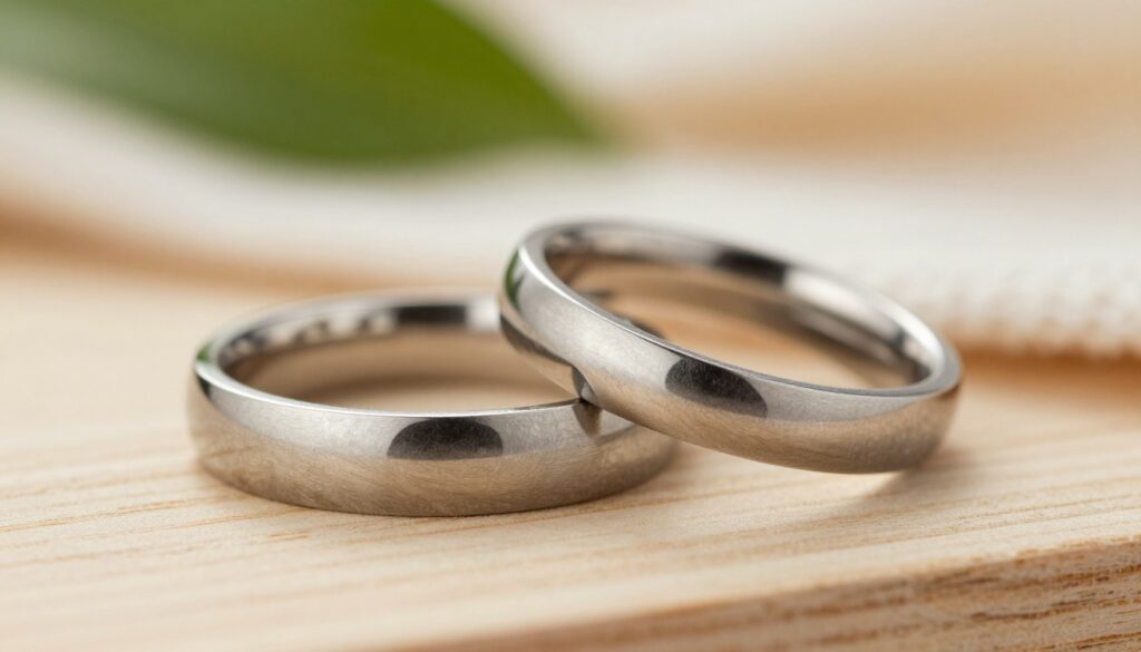 A close-up image of a pair of elegant, polished surgical steel rings, capturing their shiny surface and smooth edges. The foreground focuses on the intricate details of the rings, highlighting their durability and modern design, with reflections of soft light glimmering off the metal. In the middle ground, a subtle display of natural elements, such as a delicate wooden surface or a soft fabric, enhances the rings' sophistication. The background features a softly blurred, warm-toned ambiance with hints of greenery, creating an inviting atmosphere. The lighting is soft and diffused, evoking a sense of comfort and permanence. Overall, the mood conveys symbolic commitment and timelessness in jewelry. A close-up image of a pair of elegant, polished surgical steel rings, capturing their shiny surface and smooth edges. The foreground focuses on the intricate details of the rings, highlighting their durability and modern design, with reflections of soft light glimmering off the metal. In the middle ground, a subtle display of natural elements, such as a delicate wooden surface or a soft fabric, enhances the rings' sophistication. The background features a softly blurred, warm-toned ambiance with hints of greenery, creating an inviting atmosphere. The lighting is soft and diffused, evoking a sense of comfort and permanence. Overall, the mood conveys symbolic commitment and timelessness in jewelry.