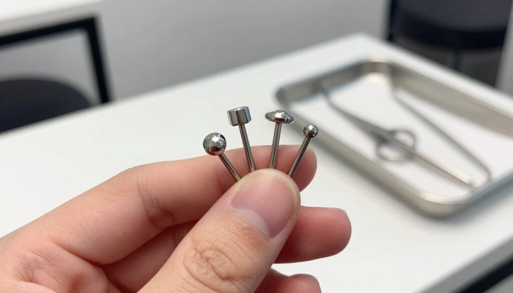 A close-up image of a professional piercer's hand delicately holding a variety of nose jewelry, including studs and hoops made from safe materials like titanium and surgical stainless steel, showcasing their intricate designs and finishes. In the background, softly blurred, is a clean, well-lit piercing studio, with sterile instruments visible on a tray, conveying a sense of cleanliness and professionalism. The lighting is bright yet soft, casting a warm glow over the jewelry, enhancing its luster and reflecting the safe materials used for health-conscious piercings. The atmosphere feels inviting and reassuring, emphasizing safety and comfort for clients considering nose piercings. A close-up image of a professional piercer's hand delicately holding a variety of nose jewelry, including studs and hoops made from safe materials like titanium and surgical stainless steel, showcasing their intricate designs and finishes. In the background, softly blurred, is a clean, well-lit piercing studio, with sterile instruments visible on a tray, conveying a sense of cleanliness and professionalism. The lighting is bright yet soft, casting a warm glow over the jewelry, enhancing its luster and reflecting the safe materials used for health-conscious piercings. The atmosphere feels inviting and reassuring, emphasizing safety and comfort for clients considering nose piercings.