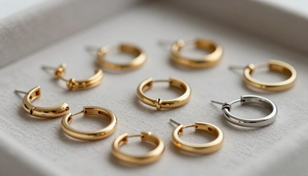 A close-up image of a variety of hoop earrings ("kolczyki kółka") displayed elegantly on a soft, textured fabric background. The foreground features different types of closures for hoop earrings, such as latch-back, hinged, and screw-back mechanisms, arranged artistically to showcase their intricate details and functionality. The earrings should be made of polished metals like gold and silver, reflecting the light subtly. The middle ground includes gentle, diffused lighting that highlights the craftsmanship of each earring, while the background remains softly blurred to keep the focus on the jewelry. The mood is professional and informative, evoking a sense of elegance and precision. No text or watermarks should be present in the image. A close-up image of a variety of hoop earrings ("kolczyki kółka") displayed elegantly on a soft, textured fabric background. The foreground features different types of closures for hoop earrings, such as latch-back, hinged, and screw-back mechanisms, arranged artistically to showcase their intricate details and functionality. The earrings should be made of polished metals like gold and silver, reflecting the light subtly. The middle ground includes gentle, diffused lighting that highlights the craftsmanship of each earring, while the background remains softly blurred to keep the focus on the jewelry. The mood is professional and informative, evoking a sense of elegance and precision. No text or watermarks should be present in the image.