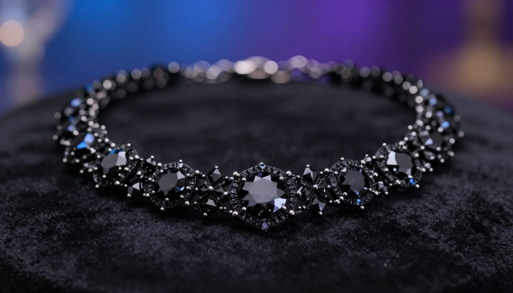 A close-up image of an elegant black crystal necklace, featuring a series of intricately designed geometric and floral motifs. The foreground should showcase the necklace resting on a smooth, black velvet surface, while glimmers of light reflect off the crystal facets, enhancing their depth and luster. In the middle ground, soft bokeh elements create a dreamy atmosphere. The background should be a subtle gradient of deep blues and purples, evoking a luxurious evening setting. Utilize soft, diffused lighting to highlight the elegance of the piece, with a shallow depth of field for a refined and polished look. The mood is sophisticated and enchanting, perfect for an evening wear context. A close-up image of an elegant black crystal necklace, featuring a series of intricately designed geometric and floral motifs. The foreground should showcase the necklace resting on a smooth, black velvet surface, while glimmers of light reflect off the crystal facets, enhancing their depth and luster. In the middle ground, soft bokeh elements create a dreamy atmosphere. The background should be a subtle gradient of deep blues and purples, evoking a luxurious evening setting. Utilize soft, diffused lighting to highlight the elegance of the piece, with a shallow depth of field for a refined and polished look. The mood is sophisticated and enchanting, perfect for an evening wear context.
