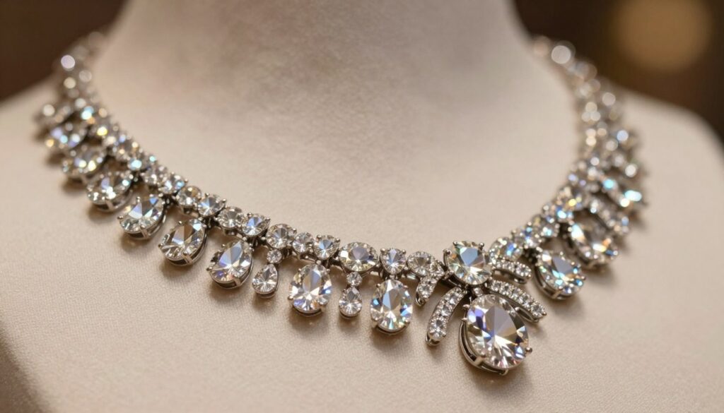 A close-up image of an elegant necklace adorned with sparkling crystals, showcasing intricate craftsmanship and high-quality materials. The necklace should be prominently displayed in the foreground, capturing the details of each crystal, including their cut and brilliance. The background should be softly blurred, featuring a luxurious fabric backdrop, enhancing the richness of the necklace. Use warm, soft lighting to create a sophisticated atmosphere, emphasizing the reflections and glimmers on the crystals. The angle should be slightly tilted to give depth, focusing attention on how the necklace gracefully enhances a garment. The overall mood should convey elegance and refinement, suitable for evening attire and formal wear. A close-up image of an elegant necklace adorned with sparkling crystals, showcasing intricate craftsmanship and high-quality materials. The necklace should be prominently displayed in the foreground, capturing the details of each crystal, including their cut and brilliance. The background should be softly blurred, featuring a luxurious fabric backdrop, enhancing the richness of the necklace. Use warm, soft lighting to create a sophisticated atmosphere, emphasizing the reflections and glimmers on the crystals. The angle should be slightly tilted to give depth, focusing attention on how the necklace gracefully enhances a garment. The overall mood should convey elegance and refinement, suitable for evening attire and formal wear.