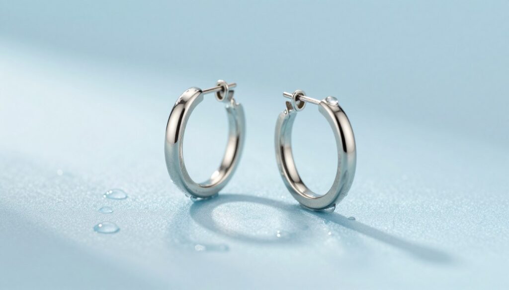 A close-up image of elegant surgical steel hoop earrings elegantly displayed on a soft, textured surface that reflects light softly. The earrings should glimmer with a polished finish, emphasizing their durability and style, surrounded by delicate water droplets to showcase their water-resistant quality. The background features an abstract, light blue gradient that evokes a calm and serene atmosphere, reminiscent of water. The lighting should be soft and diffused, highlighting the shine of the earrings without harsh shadows. Capture this scene from a slight angle to add depth, while maintaining focus on the earrings, conveying a sense of safety and versatility for everyday wear, including in water settings.