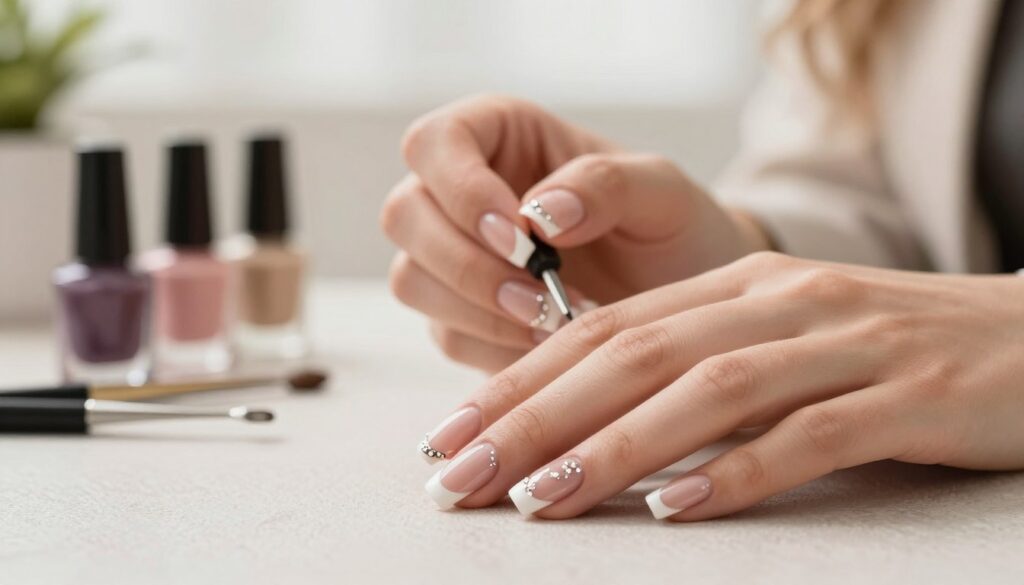 A close-up image of elegantly manicured French nails, showcasing a sophisticated design with intricate embellishments on the tips. The foreground features hands of a person wearing professional attire, gently resting on a softly textured surface. The nails are perfectly shaped, with a classic white tip and delicate floral or geometric patterns adorning the edges, reflecting modern artistry. In the middle, a subtle array of nail polish bottles and art tools, emphasizing the craftsmanship involved in nail design. The background is softly blurred, with warm, natural lighting creating a cozy, inviting ambiance. The overall mood conveys elegance and creativity, perfect for illustrating contemporary French nail techniques. A close-up image of elegantly manicured French nails, showcasing a sophisticated design with intricate embellishments on the tips. The foreground features hands of a person wearing professional attire, gently resting on a softly textured surface. The nails are perfectly shaped, with a classic white tip and delicate floral or geometric patterns adorning the edges, reflecting modern artistry. In the middle, a subtle array of nail polish bottles and art tools, emphasizing the craftsmanship involved in nail design. The background is softly blurred, with warm, natural lighting creating a cozy, inviting ambiance. The overall mood conveys elegance and creativity, perfect for illustrating contemporary French nail techniques.