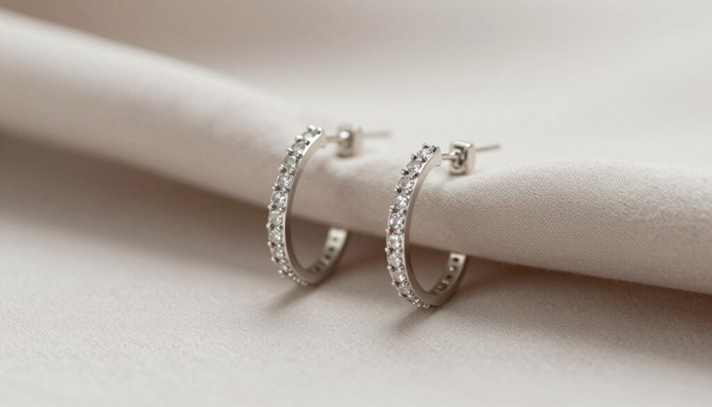 A close-up image of minimalist silver hoop earrings decorated with sparkling zirconia stones, highlighting their elegant and contemporary design. The earrings should be shown prominently in the foreground, glinting in soft, diffused natural light to emphasize their intricate details and reflective surfaces. In the middle ground, a smooth, neutral-toned fabric gently drapes, providing a subtle backdrop that complements the jewelry without distraction. The background should be softly blurred to create a sense of depth, ensuring all focus remains on the earrings. The overall mood is serene and sophisticated, capturing the essence of modern minimalism with a timeless appeal. A close-up image of minimalist silver hoop earrings decorated with sparkling zirconia stones, highlighting their elegant and contemporary design. The earrings should be shown prominently in the foreground, glinting in soft, diffused natural light to emphasize their intricate details and reflective surfaces. In the middle ground, a smooth, neutral-toned fabric gently drapes, providing a subtle backdrop that complements the jewelry without distraction. The background should be softly blurred to create a sense of depth, ensuring all focus remains on the earrings. The overall mood is serene and sophisticated, capturing the essence of modern minimalism with a timeless appeal.