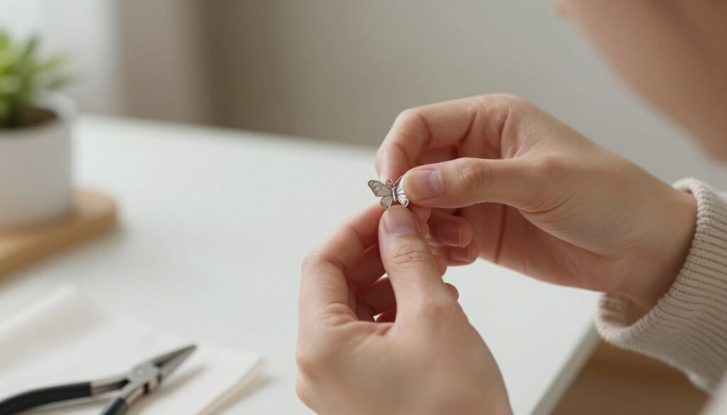 A close-up image showcasing a person's hands carefully removing a stubborn butterfly earring from an earlobe. The focus is on the intricate detail of the earring, with a soft, blurred background emphasizing a cozy and well-lit room. A pair of small pliers and a jewelry cleaning cloth are present in the foreground, symbolizing techniques for safely handling blocked jewelry. Warm, natural lighting enhances the metallic shine of the earring and the skin tones. The scene should evoke a sense of delicate maneuvering and intimacy, as the person, dressed in a cozy sweater, concentrates on the task, embodying a calm and focused atmosphere. A close-up image showcasing a person's hands carefully removing a stubborn butterfly earring from an earlobe. The focus is on the intricate detail of the earring, with a soft, blurred background emphasizing a cozy and well-lit room. A pair of small pliers and a jewelry cleaning cloth are present in the foreground, symbolizing techniques for safely handling blocked jewelry. Warm, natural lighting enhances the metallic shine of the earring and the skin tones. The scene should evoke a sense of delicate maneuvering and intimacy, as the person, dressed in a cozy sweater, concentrates on the task, embodying a calm and focused atmosphere.
