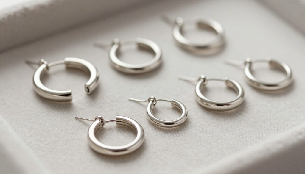 A close-up of a beautifully arranged selection of stainless steel earrings, showcasing a variety of sizes and designs. The foreground features a pair of classic hoop earrings, glistening under soft, diffused lighting that highlights their polished finish. In the middle, other sizes and variations of hoop earrings are artistically displayed on a soft, textured fabric background, enhancing their elegance. The background is softly blurred to create depth, ensuring the focus remains on the earrings. The overall mood conveys sophistication and versatility, suitable for all wardrobes. The image should evoke a sense of charm and uniqueness, perfect for showcasing the diversity of styles in the stainless steel earrings collection.