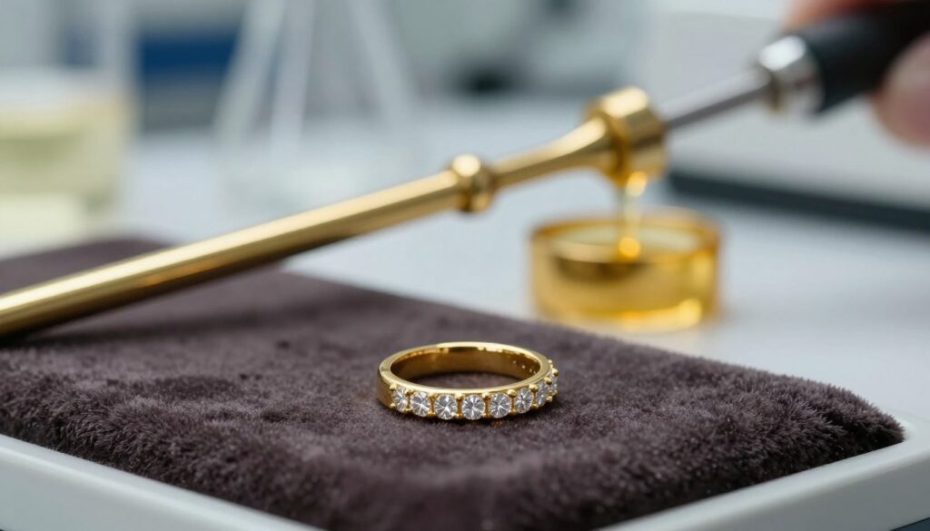 A close-up of a gold purity test, showcasing a melting gold sample in a refined laboratory setting. In the foreground, a polished gold ring adorned with sparkling crystals rests elegantly on a velvet display. The middle ground features a traditional gold assay tool, glinting in the soft, diffused lighting that highlights the luster of the materials. In the background, blurred laboratory equipment and glassware create an air of professionalism and precision. The mood is serene yet sophisticated, capturing the essence of quality craftsmanship and the importance of gold purity in jewelry. The focus should be on the shimmering gold and crystals, with a shallow depth of field to emphasize their beauty. A close-up of a gold purity test, showcasing a melting gold sample in a refined laboratory setting. In the foreground, a polished gold ring adorned with sparkling crystals rests elegantly on a velvet display. The middle ground features a traditional gold assay tool, glinting in the soft, diffused lighting that highlights the luster of the materials. In the background, blurred laboratory equipment and glassware create an air of professionalism and precision. The mood is serene yet sophisticated, capturing the essence of quality craftsmanship and the importance of gold purity in jewelry. The focus should be on the shimmering gold and crystals, with a shallow depth of field to emphasize their beauty.