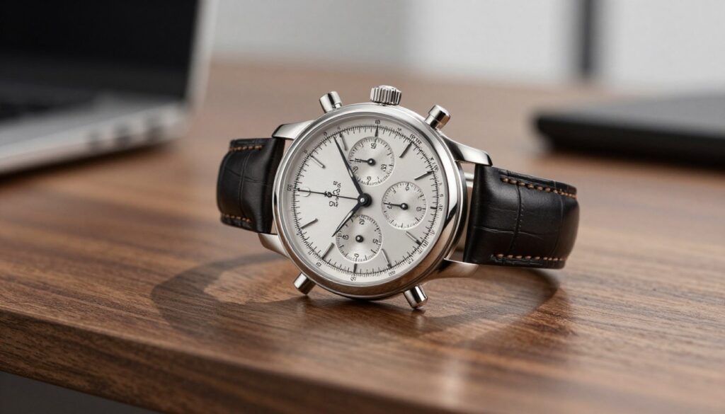 A close-up of an elegant chronograph watch on a polished wooden surface, showcasing its intricate dials and stopwatch function. The watch features a classic leather strap and a gleaming stainless steel case, with chronograph subdials prominently displayed. Soft, diffused lighting highlights the watch's reflective surfaces, casting gentle shadows that enhance its depth. In the background, a blurred image of a modern office setting can be seen, hinting at a professional atmosphere. The angle should be slightly above the watch, emphasizing the sophisticated design and craftsmanship. The overall mood is refined and focused, ideal for illustrating the differences between a chronograph and a chronometer.