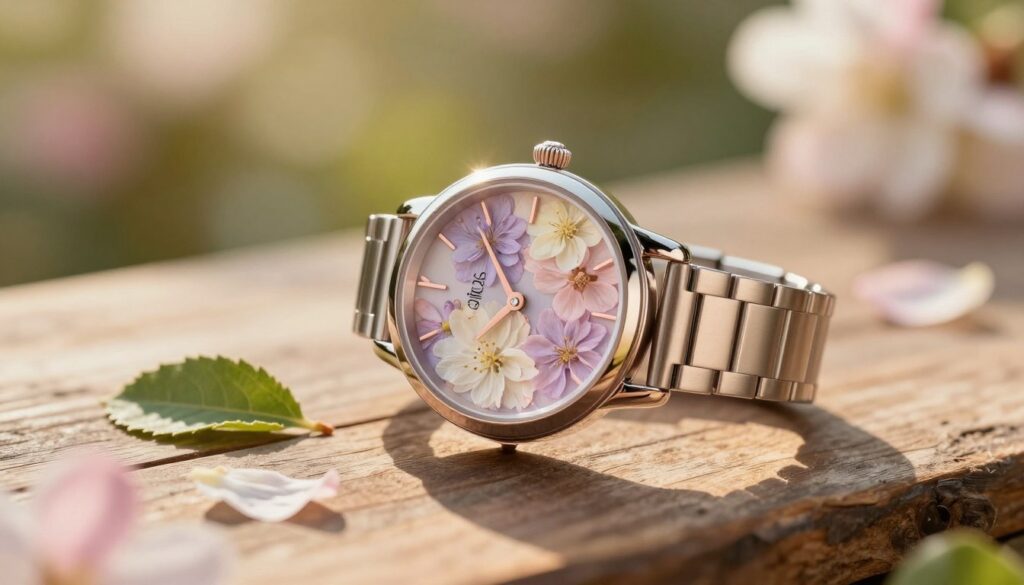 A close-up of an elegant women's watch featuring a floral watch face, showcasing delicate blossoms in soft pastels like pink, lavender, and cream. The watch should be placed on a rustic wooden surface, surrounded by subtle elements of nature such as small green leaves and gentle petals, creating a harmonious blend. The background should fade softly to a blurred garden setting bathed in warm, golden sunlight to evoke a serene atmosphere. Capture the watch at a slight angle to emphasize its intricate design and alluring details. The lighting should highlight the reflective properties of the watch face while casting soft shadows, enhancing the romantic and delicate mood of the composition. A close-up of an elegant women's watch featuring a floral watch face, showcasing delicate blossoms in soft pastels like pink, lavender, and cream. The watch should be placed on a rustic wooden surface, surrounded by subtle elements of nature such as small green leaves and gentle petals, creating a harmonious blend. The background should fade softly to a blurred garden setting bathed in warm, golden sunlight to evoke a serene atmosphere. Capture the watch at a slight angle to emphasize its intricate design and alluring details. The lighting should highlight the reflective properties of the watch face while casting soft shadows, enhancing the romantic and delicate mood of the composition.