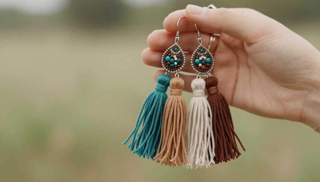 A close-up of bohemian tassel earrings, featuring vibrant colors like teal, earthy browns, and soft neutrals. The earrings should showcase intricate beadwork and layers of flowing fabric tassels, reflecting the essence of modern boho style. In the foreground, emphasize the texture of the tassels and beads, capturing the play of light on their surfaces. In the middle ground, include a softly blurred hand reaching to touch the earrings, adorned with delicate rings that complement the jewelry. The background should be a softly lit, natural setting with subtle greenery, evoking a relaxed, earthy atmosphere. Use warm, diffused lighting to create a welcoming mood, as if inviting the viewer to embrace boho fashion. A close-up of bohemian tassel earrings, featuring vibrant colors like teal, earthy browns, and soft neutrals. The earrings should showcase intricate beadwork and layers of flowing fabric tassels, reflecting the essence of modern boho style. In the foreground, emphasize the texture of the tassels and beads, capturing the play of light on their surfaces. In the middle ground, include a softly blurred hand reaching to touch the earrings, adorned with delicate rings that complement the jewelry. The background should be a softly lit, natural setting with subtle greenery, evoking a relaxed, earthy atmosphere. Use warm, diffused lighting to create a welcoming mood, as if inviting the viewer to embrace boho fashion.