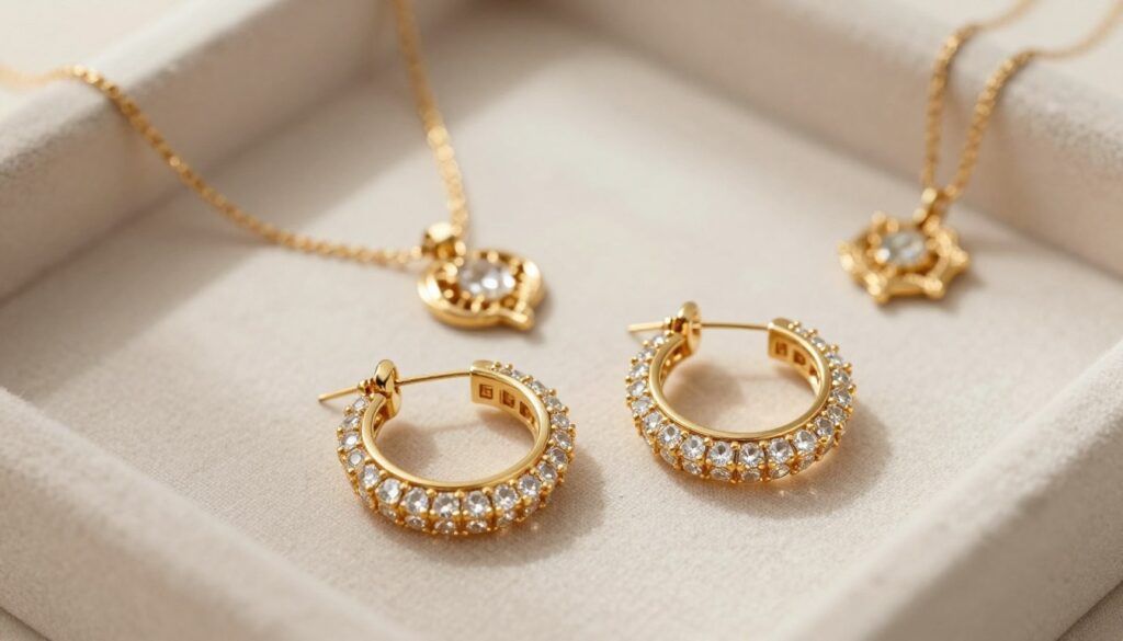 A close-up of elegant gold-plated accessories artistically arranged on a soft, textured fabric background, emphasizing their luxurious sheen. The foreground features a pair of gold hoop earrings encrusted with sparkling cubic zirconia, catching the light with subtle glimmers. In the middle ground, showcase delicate gold necklaces with intricate designs nestled next to the earrings, enhancing the feeling of sophistication. The background remains softly blurred, filled with warm, natural light that accentuates the golden tones and creates a soothing atmosphere. Capture the scene from a slight overhead angle to provide depth and richness, evoking a sense of accessible luxury and timeless style, suitable for a fashion article. A close-up of elegant gold-plated accessories artistically arranged on a soft, textured fabric background, emphasizing their luxurious sheen. The foreground features a pair of gold hoop earrings encrusted with sparkling cubic zirconia, catching the light with subtle glimmers. In the middle ground, showcase delicate gold necklaces with intricate designs nestled next to the earrings, enhancing the feeling of sophistication. The background remains softly blurred, filled with warm, natural light that accentuates the golden tones and creates a soothing atmosphere. Capture the scene from a slight overhead angle to provide depth and richness, evoking a sense of accessible luxury and timeless style, suitable for a fashion article.