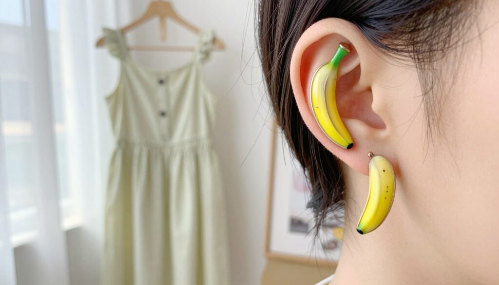 A close-up of modern banana-shaped piercings exhibited on a mannequin's ear, emphasizing their playful, whimsical design. The foreground features three unique banana piercings, each crafted from high-quality metals with vibrant enamel finishes in sunny yellow and playful green accents, catching the light beautifully. In the middle, soft-focus displays a stylish, casual outfit—a light summer dress in pastel colors, complementing the jewelry. The background features a bright, airy room with natural sunlight filtering through sheer curtains, creating a cheerful and relaxed atmosphere. The scene conveys a sense of fun and creativity in contemporary piercing trends, showcasing the jewelry as perfect for lighthearted summer styling. The overall mood is fresh, inviting, and stylish. A close-up of modern banana-shaped piercings exhibited on a mannequin's ear, emphasizing their playful, whimsical design. The foreground features three unique banana piercings, each crafted from high-quality metals with vibrant enamel finishes in sunny yellow and playful green accents, catching the light beautifully. In the middle, soft-focus displays a stylish, casual outfit—a light summer dress in pastel colors, complementing the jewelry. The background features a bright, airy room with natural sunlight filtering through sheer curtains, creating a cheerful and relaxed atmosphere. The scene conveys a sense of fun and creativity in contemporary piercing trends, showcasing the jewelry as perfect for lighthearted summer styling. The overall mood is fresh, inviting, and stylish.