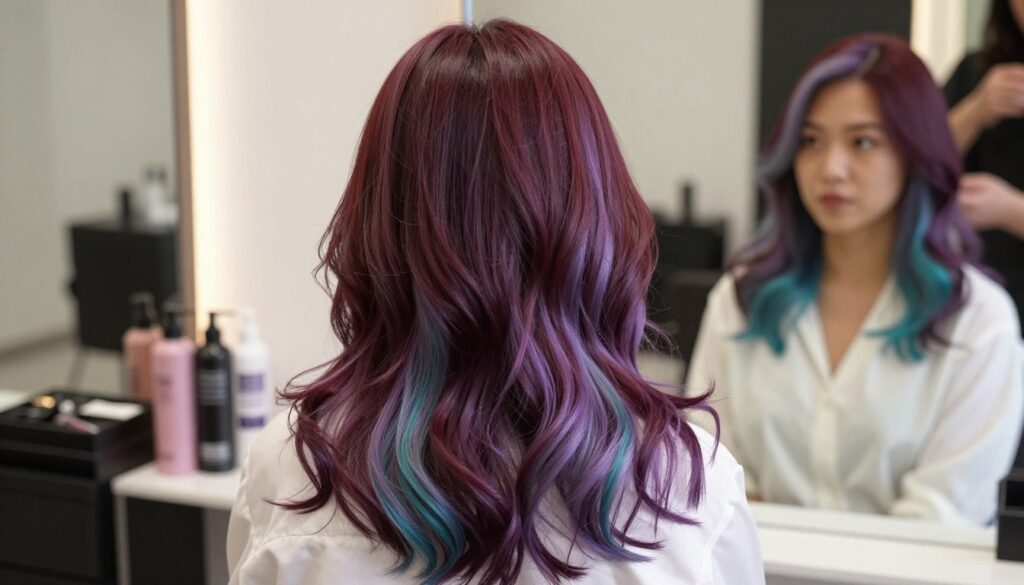 A close-up of vibrant, dyed hair in a salon setting, showcasing a stunning blend of colors such as deep burgundy, soft lavender, and bright teal. The foreground features a woman with healthy, glossy hair, styled in loose waves, looking thoughtfully into a mirror. Her attire is modest, with a classic white blouse that complements the hair. In the middle ground, the reflection of professional hair care products is visible on the vanity, with gentle lighting illuminating the space, creating a warm and inviting atmosphere. The background hints at a stylish salon with modern decor, emphasizing a focus on hair care. The overall mood is serene and focused on beauty, highlighting the importance of using gentle products to maintain hair color vibrancy. A close-up of vibrant, dyed hair in a salon setting, showcasing a stunning blend of colors such as deep burgundy, soft lavender, and bright teal. The foreground features a woman with healthy, glossy hair, styled in loose waves, looking thoughtfully into a mirror. Her attire is modest, with a classic white blouse that complements the hair. In the middle ground, the reflection of professional hair care products is visible on the vanity, with gentle lighting illuminating the space, creating a warm and inviting atmosphere. The background hints at a stylish salon with modern decor, emphasizing a focus on hair care. The overall mood is serene and focused on beauty, highlighting the importance of using gentle products to maintain hair color vibrancy.