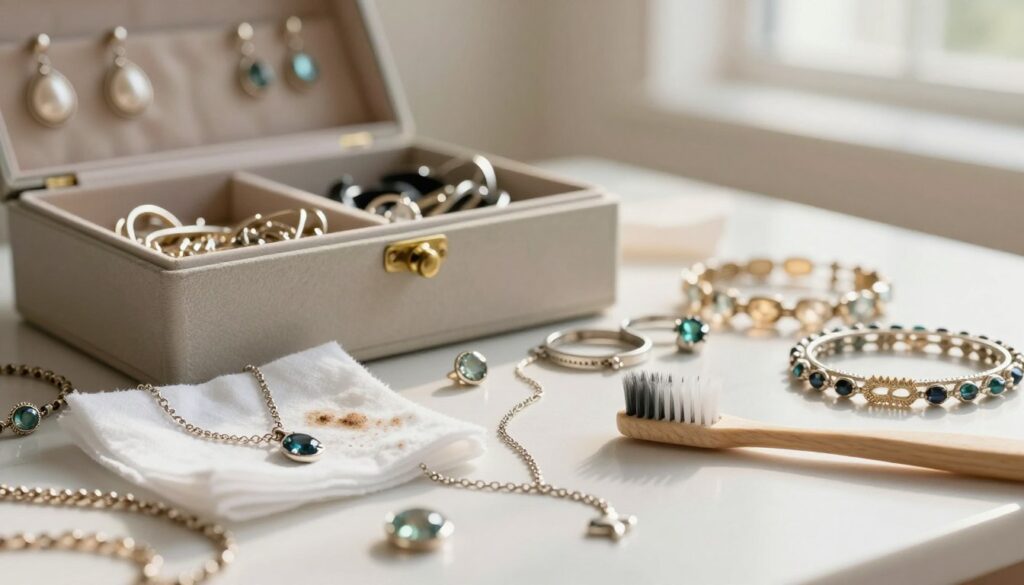 A close-up scene focusing on common mistakes in jewelry care, with a beautifully arranged display of various types of jewelry including earrings, necklaces, and bracelets. In the foreground, depict a tarnished silver necklace, with a dirty polishing cloth and improper cleaning tools like an abrasive toothbrush. In the middle ground, show a charming but cluttered jewelry box, overflowing with tangled pieces, demonstrating neglect. The background softly fades into a bright, elegant room with natural sunlight highlighting the dazzling gemstones, creating an inviting yet cautionary atmosphere. Emphasize soft, warm lighting to evoke a sense of care and attention while subtly suggesting the consequences of mismanagement in jewelry maintenance. A close-up scene focusing on common mistakes in jewelry care, with a beautifully arranged display of various types of jewelry including earrings, necklaces, and bracelets. In the foreground, depict a tarnished silver necklace, with a dirty polishing cloth and improper cleaning tools like an abrasive toothbrush. In the middle ground, show a charming but cluttered jewelry box, overflowing with tangled pieces, demonstrating neglect. The background softly fades into a bright, elegant room with natural sunlight highlighting the dazzling gemstones, creating an inviting yet cautionary atmosphere. Emphasize soft, warm lighting to evoke a sense of care and attention while subtly suggesting the consequences of mismanagement in jewelry maintenance.