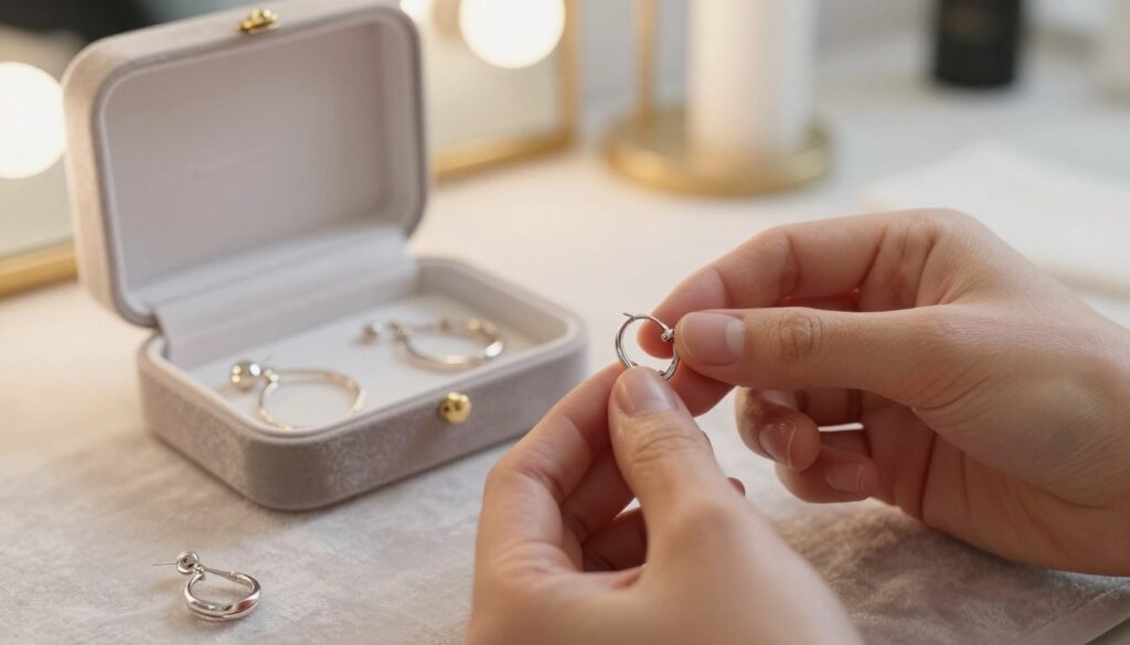 A close-up scene of a hands-on jewelry exchange, showcasing a pair of elegant clicker earrings lying on a soft velvet cloth. In the foreground, delicate fingers gently hold one of the earrings, demonstrating the process of opening it. The middle ground features a small, well-lit jewelry box, slightly open to reveal additional pieces of jewelry. The background includes a softly blurred vanity mirror and gentle lighting, creating a warm and inviting atmosphere, hinting at calm preparation. The focus should be sharp on the jewelry and hands, with a bokeh effect on the background. The mood is serene and meticulous, capturing the essence of careful jewelry exchange.