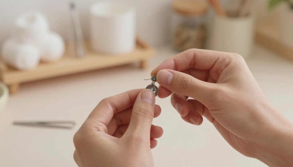 A close-up shot of a pair of hands skillfully trying to unscrew a stubborn earring. The hands are depicted with a gentle grip on the earring, showcasing elegance and determination. The foreground features the intricately designed earring that has a vintage aesthetic, with visible details like filigree patterns and gemstones. In the middle, a soft, light kitchen setting with muted pastel colors creates a homely atmosphere. In the background, shelves filled with everyday household items like cotton balls, tweezers, and small jars add context to the scene. The lighting is warm and inviting, casting soft shadows, evoking a sense of calm and focus on the task at hand. The angle is slightly tilted, enhancing the view of the earring while maintaining all elements in clear focus. A close-up shot of a pair of hands skillfully trying to unscrew a stubborn earring. The hands are depicted with a gentle grip on the earring, showcasing elegance and determination. The foreground features the intricately designed earring that has a vintage aesthetic, with visible details like filigree patterns and gemstones. In the middle, a soft, light kitchen setting with muted pastel colors creates a homely atmosphere. In the background, shelves filled with everyday household items like cotton balls, tweezers, and small jars add context to the scene. The lighting is warm and inviting, casting soft shadows, evoking a sense of calm and focus on the task at hand. The angle is slightly tilted, enhancing the view of the earring while maintaining all elements in clear focus.