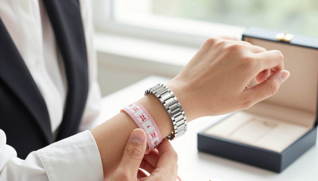 A close-up shot of a person's wrist being measured for a stainless steel bracelet, showcasing a sleek and modern design. The setting is a bright, airy room with natural light streaming in through a window, creating a soft and inviting atmosphere. In the foreground, a professional measuring tape wraps around the individual's wrist, highlighting the contrast between the measuring tool and the gleaming stainless steel bracelet on the wrist. The person's hand is elegantly poised, wearing a smart casual outfit. In the background, a simple, stylish jewelry box can be seen, emphasizing the elegance of the jewelry. The composition should be clear and focused, capturing the essence of bracelet fitting while conveying a sense of sophistication and care. A close-up shot of a person's wrist being measured for a stainless steel bracelet, showcasing a sleek and modern design. The setting is a bright, airy room with natural light streaming in through a window, creating a soft and inviting atmosphere. In the foreground, a professional measuring tape wraps around the individual's wrist, highlighting the contrast between the measuring tool and the gleaming stainless steel bracelet on the wrist. The person's hand is elegantly poised, wearing a smart casual outfit. In the background, a simple, stylish jewelry box can be seen, emphasizing the elegance of the jewelry. The composition should be clear and focused, capturing the essence of bracelet fitting while conveying a sense of sophistication and care.