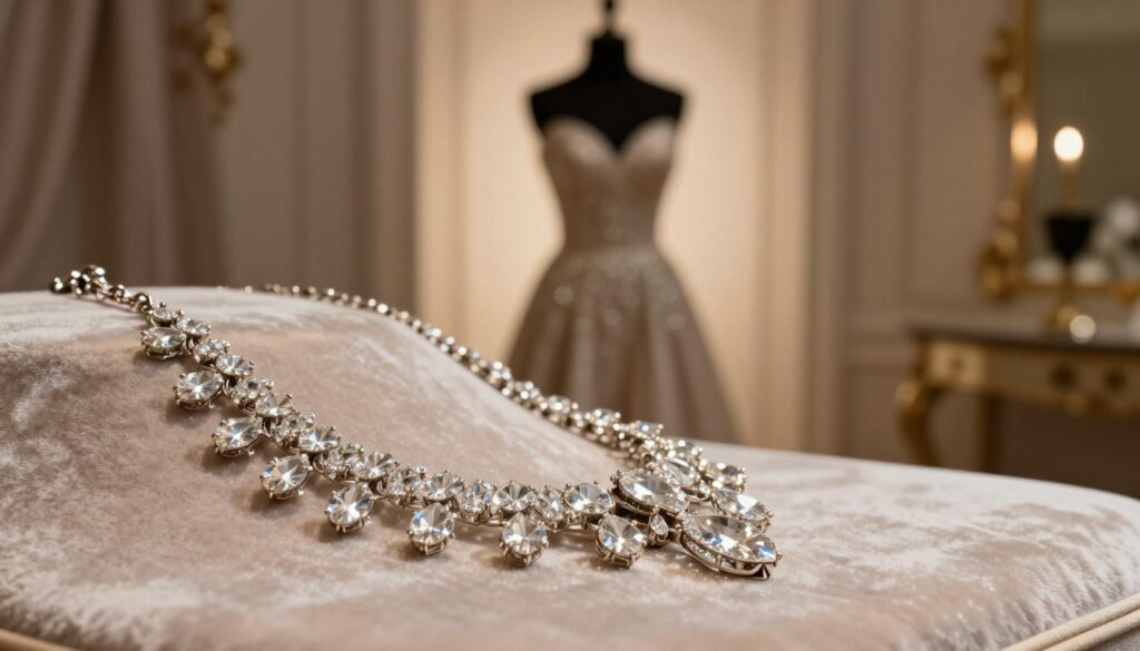 A close-up shot of an elegant crystal necklace, known as a kolia, displayed prominently in the foreground. The necklace is adorned with sparkling crystals, reflecting light beautifully, and is arranged on a soft velvet surface to enhance its luxury. The middle ground features a blurred silhouette of a sophisticated evening gown hanging on a mannequin, exuding timeless glamour. Soft, warm lighting casts a gentle glow on the necklace and gown, creating an inviting and opulent atmosphere. The background includes a hint of a softly lit room, with delicate decorative elements subtly blurred, adding depth to the scene. The overall mood is one of elegance and sophistication, perfectly capturing the essence of an evening occasion. A close-up shot of an elegant crystal necklace, known as a kolia, displayed prominently in the foreground. The necklace is adorned with sparkling crystals, reflecting light beautifully, and is arranged on a soft velvet surface to enhance its luxury. The middle ground features a blurred silhouette of a sophisticated evening gown hanging on a mannequin, exuding timeless glamour. Soft, warm lighting casts a gentle glow on the necklace and gown, creating an inviting and opulent atmosphere. The background includes a hint of a softly lit room, with delicate decorative elements subtly blurred, adding depth to the scene. The overall mood is one of elegance and sophistication, perfectly capturing the essence of an evening occasion.
