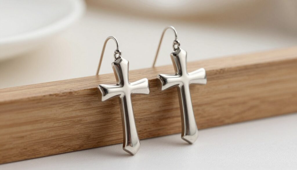 A close-up shot of elegant stainless steel cross earrings, showcasing their intricate design with bold, sharp edges that emphasize a rock-inspired aesthetic. The earrings are displayed against a soft, blurred background of minimalist décor, such as a wooden surface or a simple fabric, to highlight their striking features. Natural lighting illuminates the earrings, casting subtle reflections that enhance their metallic shine and provide depth. The scene conveys a mood of confidence and individuality, ideal for expressing personality through jewelry. The composition should be clean and uncluttered, allowing the viewer to focus on the craftsmanship and distinctive style of the earrings, embodying a balance of strength and simplicity. A close-up shot of elegant stainless steel cross earrings, showcasing their intricate design with bold, sharp edges that emphasize a rock-inspired aesthetic. The earrings are displayed against a soft, blurred background of minimalist décor, such as a wooden surface or a simple fabric, to highlight their striking features. Natural lighting illuminates the earrings, casting subtle reflections that enhance their metallic shine and provide depth. The scene conveys a mood of confidence and individuality, ideal for expressing personality through jewelry. The composition should be clean and uncluttered, allowing the viewer to focus on the craftsmanship and distinctive style of the earrings, embodying a balance of strength and simplicity.