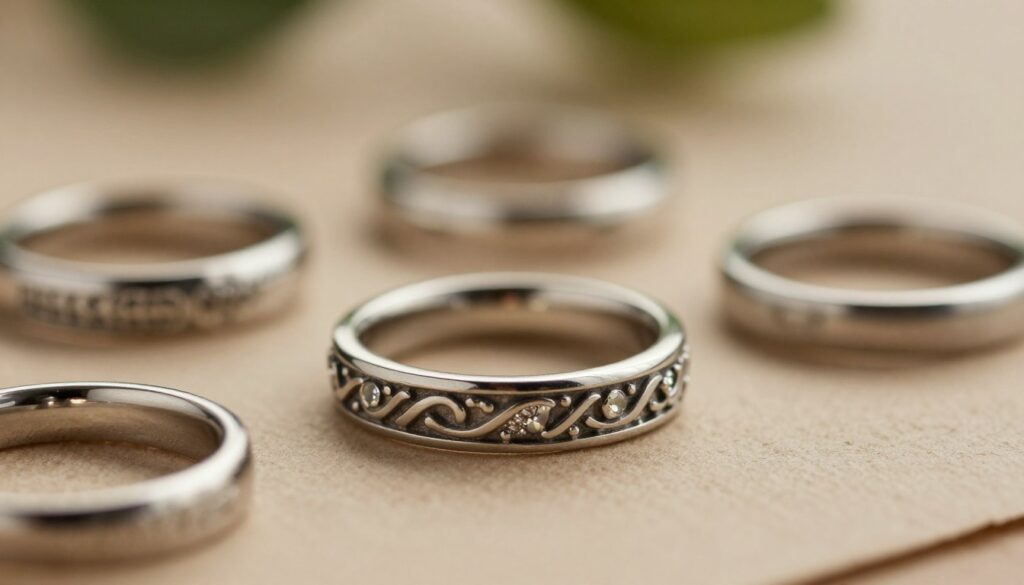 A close-up shot of intricately designed jewelry details, focusing on modern rings made from surgical steel and featuring elastic bands, symbolizing comfort and adaptability. The foreground showcases a beautifully crafted ring with delicate engravings and shimmering gemstones, reflecting a soft light. In the middle background, out-of-focus elements include additional rings in various designs, highlighting the diversity and creativity in contemporary ring styles. The overall atmosphere is elegant and sophisticated, bathed in warm, inviting lighting, enhancing the textures and finishes of the jewelry. A subtle, blurred natural setting can be seen in the background, adding depth without distraction, creating a harmonious balance between craftsmanship and aesthetic appeal. A close-up shot of intricately designed jewelry details, focusing on modern rings made from surgical steel and featuring elastic bands, symbolizing comfort and adaptability. The foreground showcases a beautifully crafted ring with delicate engravings and shimmering gemstones, reflecting a soft light. In the middle background, out-of-focus elements include additional rings in various designs, highlighting the diversity and creativity in contemporary ring styles. The overall atmosphere is elegant and sophisticated, bathed in warm, inviting lighting, enhancing the textures and finishes of the jewelry. A subtle, blurred natural setting can be seen in the background, adding depth without distraction, creating a harmonious balance between craftsmanship and aesthetic appeal.